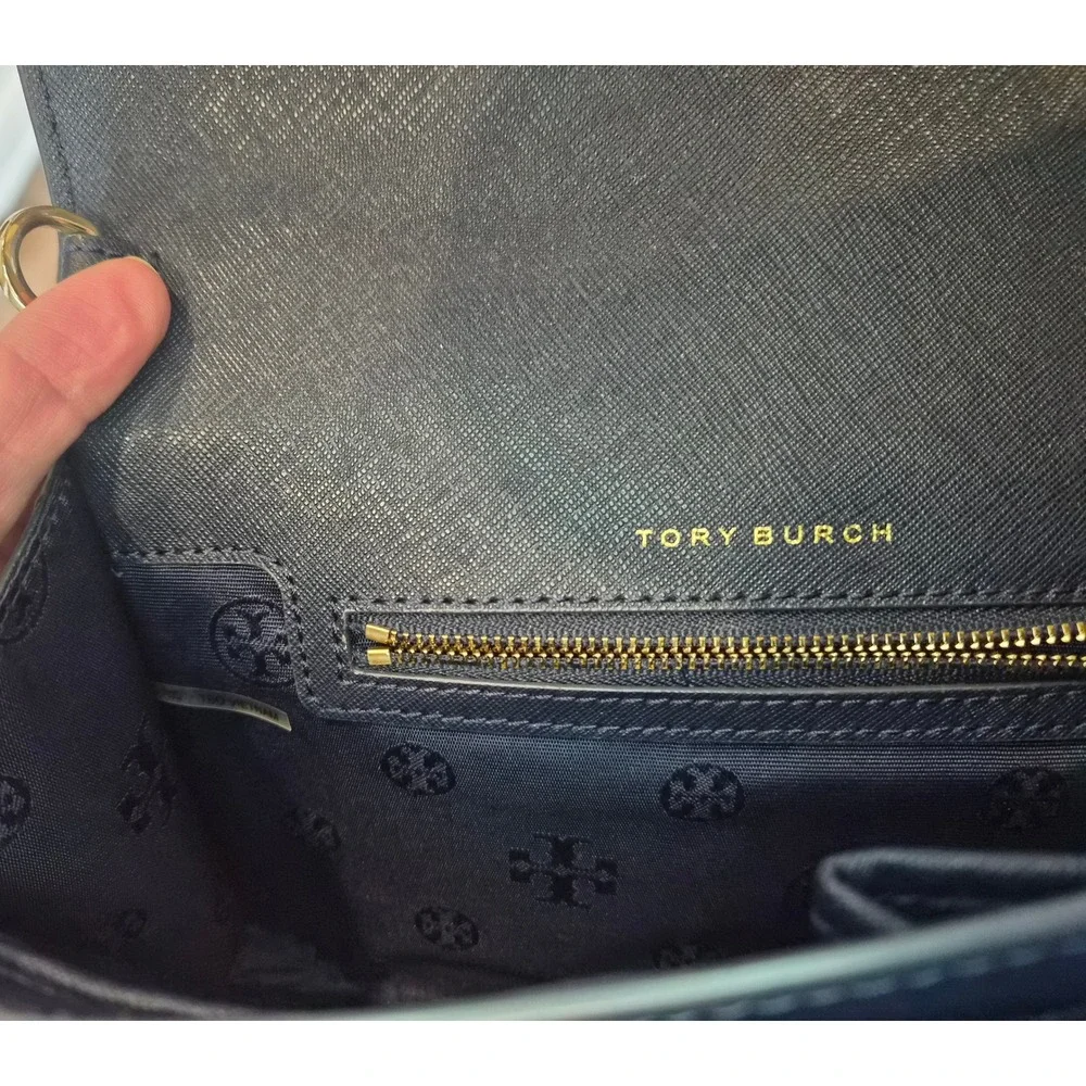 Tory Burch Robinson Navy Saffiano Leather Convertible Shoulder Bag Card Holder